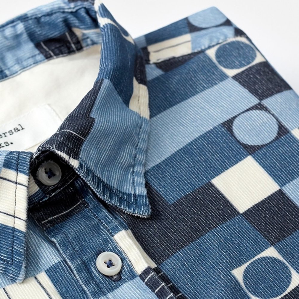 Universal Works Standard Shirt in Blue Print Corduroy - Size Small